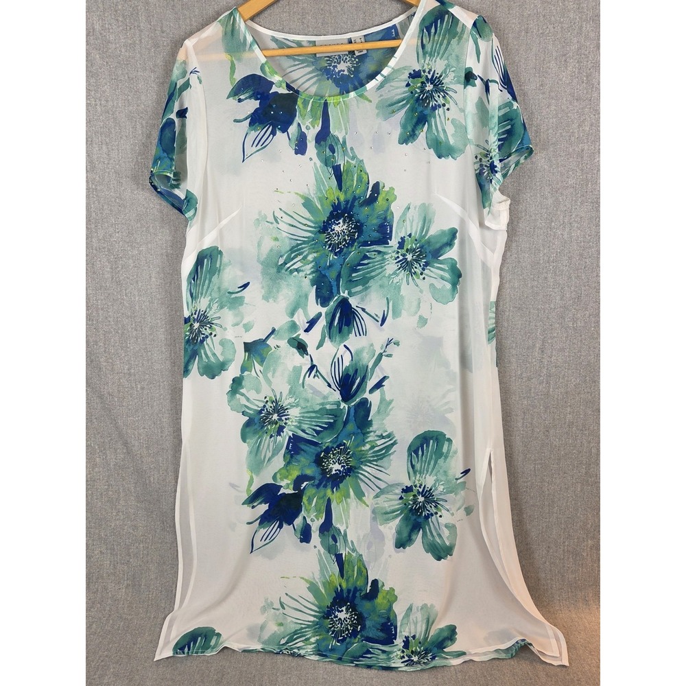 Susan Graver M Tunic Top Liquid Knit Blue Aqua Floral Sheer Flowy Boho Career